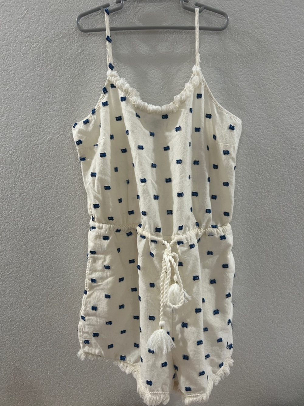 Aerie White Tassel Romper with Navy Dot Embroidery